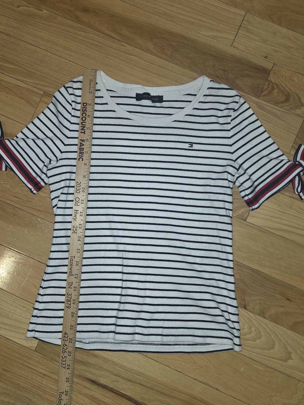 Tommy Hilfiger White & Navy Striped Short Sleeve Tee with Red Trim